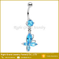 316L Surgical Steel Butterfly Clear Pink Aqua Blue Cubic Zirconia Dangle Belly Ring